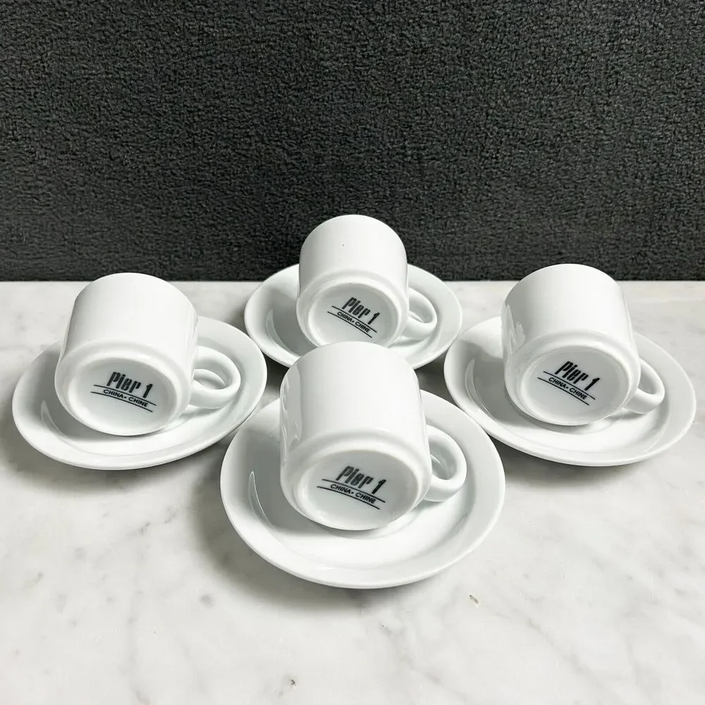 Pier 1 White Porcelain Demitasse Cups Saucers Set of 4 Espresso Coffee